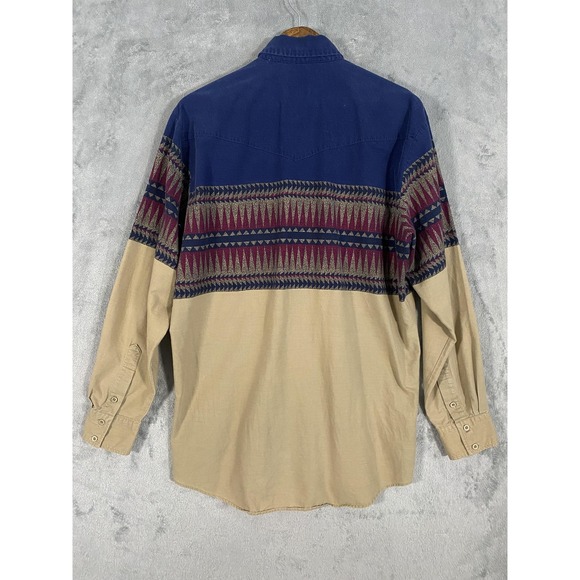 VTG Roper Western Shirt Mens L Beige Navy Southwestern Geometric 90s Cowboy - Picture 6 of 8